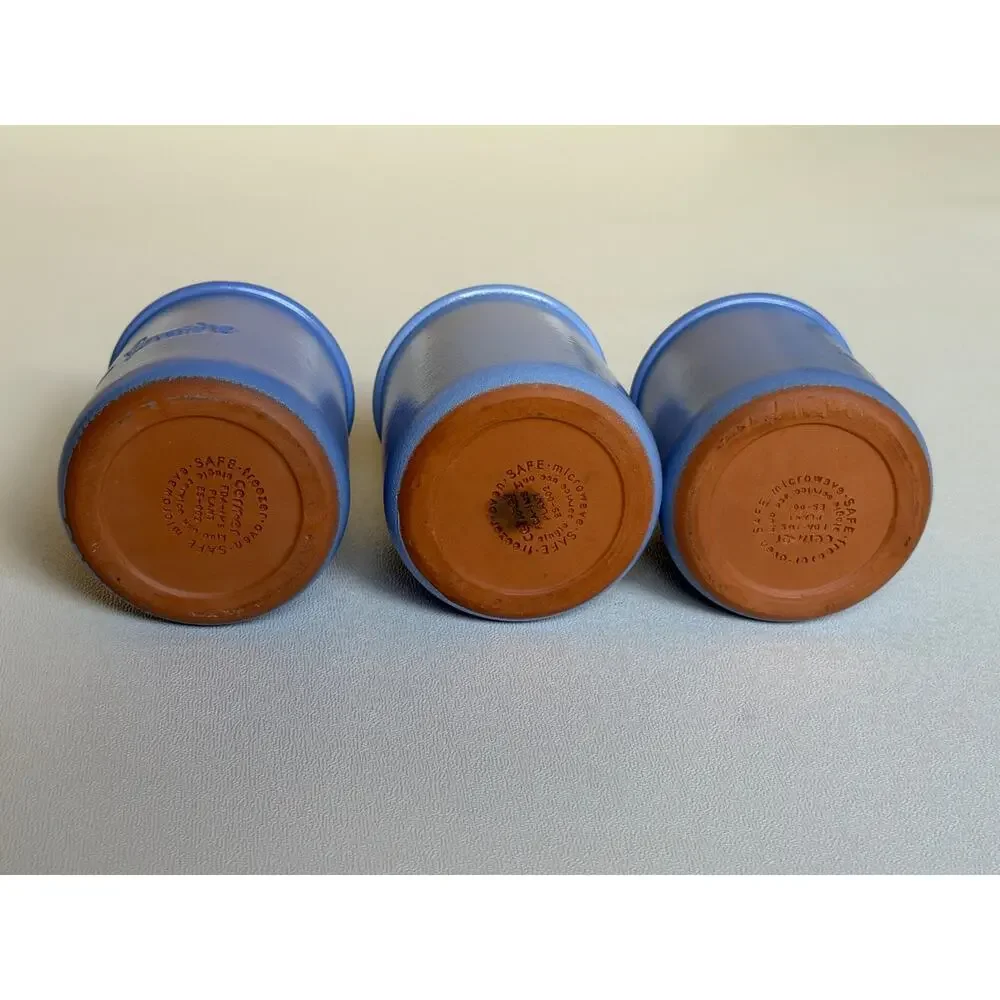 Set of 3 La Fermiere Blue French Terracotta Yogurt Pots Cups Clay Ramekins